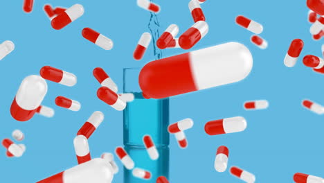animación de píldoras que caen sobre el vaso de laboratorio