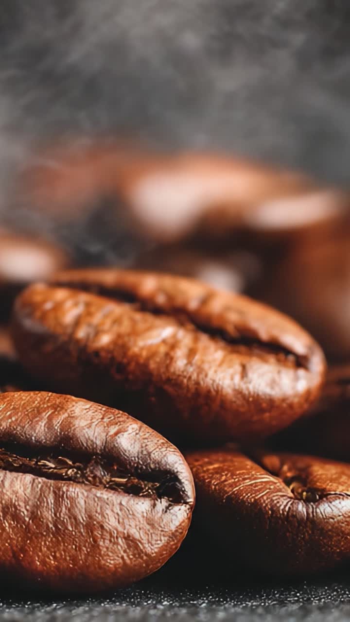 Nærbillede af friskristede kaffebønner med aromatisk damp og rig tekstur, der fremhæver deres unikke smag og kvalitet