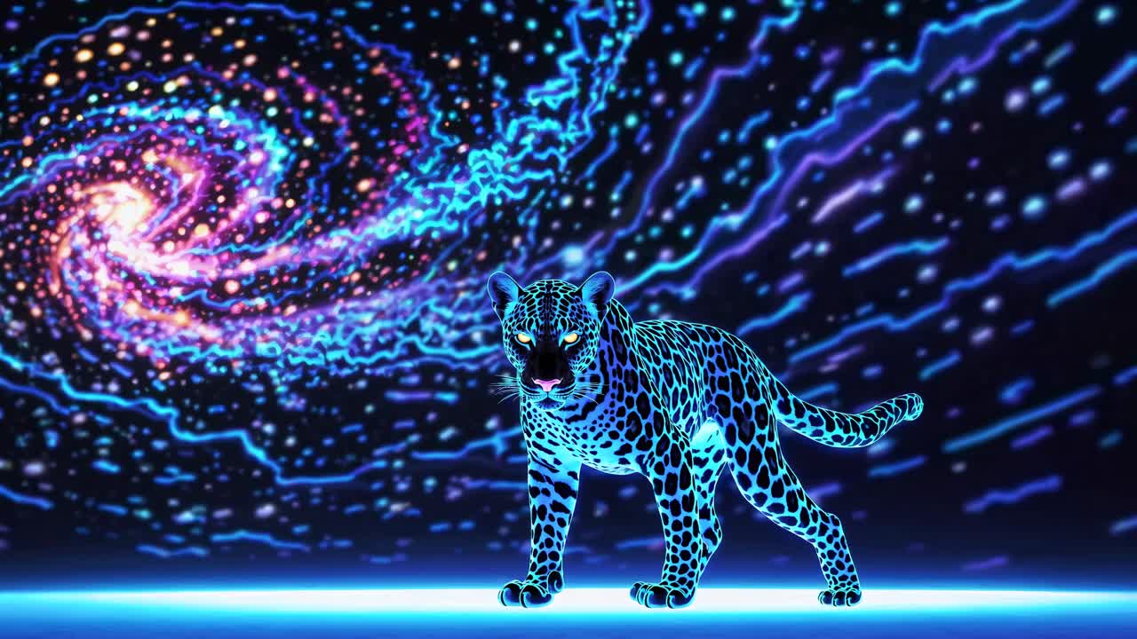 A neon leopard stands against a cosmic swirl backdrop, captured from a low angle