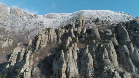 picos de montañas nevadas y formaciones rocosas