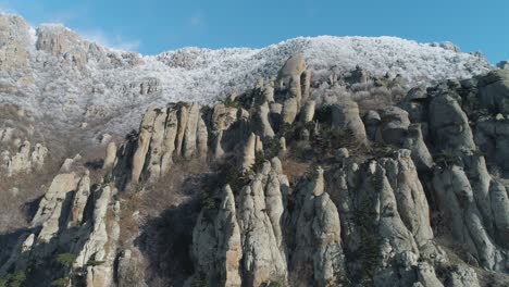 snowy mountain peaks and rock formations