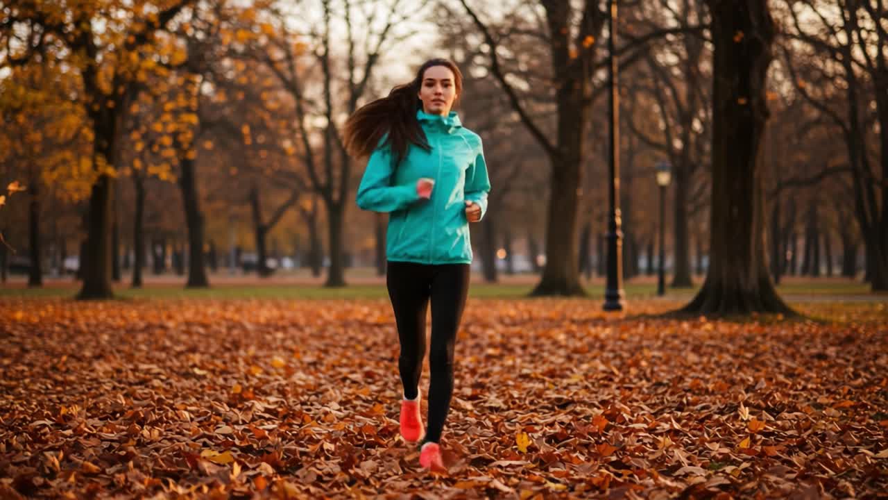 mujer corriendo en un parque de otoño