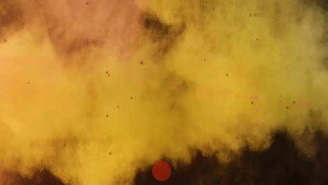 animación de manchas rojas flotando sobre una ráfaga de nubes de color contra un fondo gris.