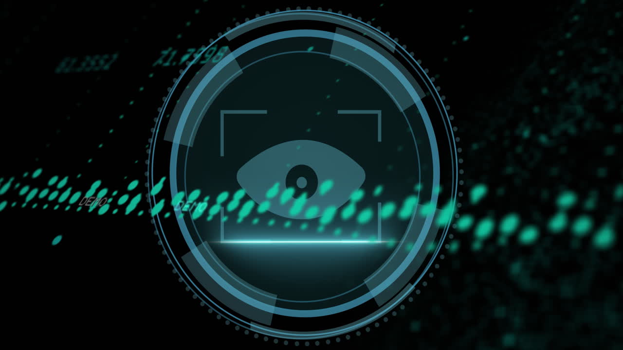 사이버 보안 텍스트 배너와 눈 망막 스캐너에 대한 데이터 처리의 애니메이션