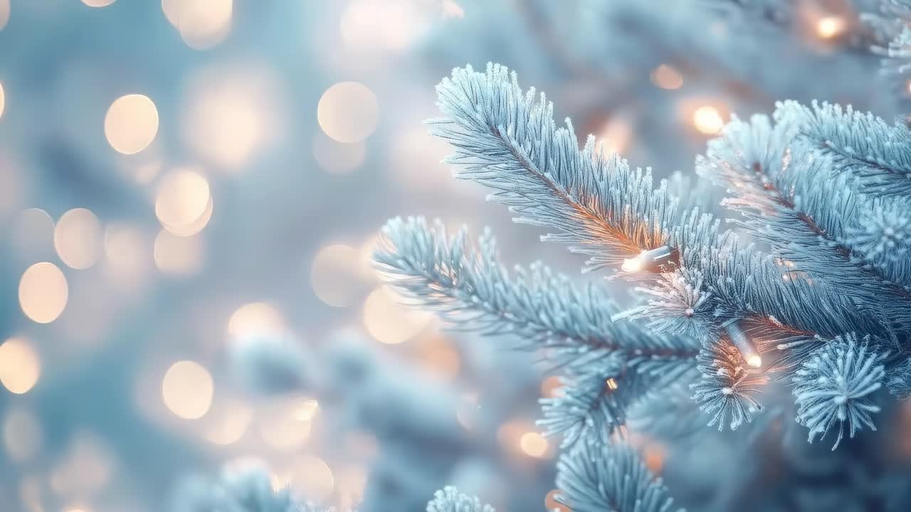 Close-up video of frosted pine branches with warm lights, shot at a shallow angle