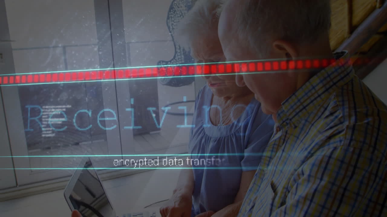 animación de transferencia de datos encriptada sobre una pareja de ancianos usando una computadora portátil