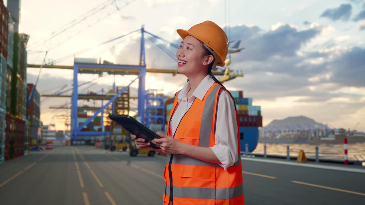 Side View Of Asian Female Engineer With Safety Helmet Looking At The Tablet In Her Hand And Looking Around While Standing at Port with Container Ship and Cranes at Sunset