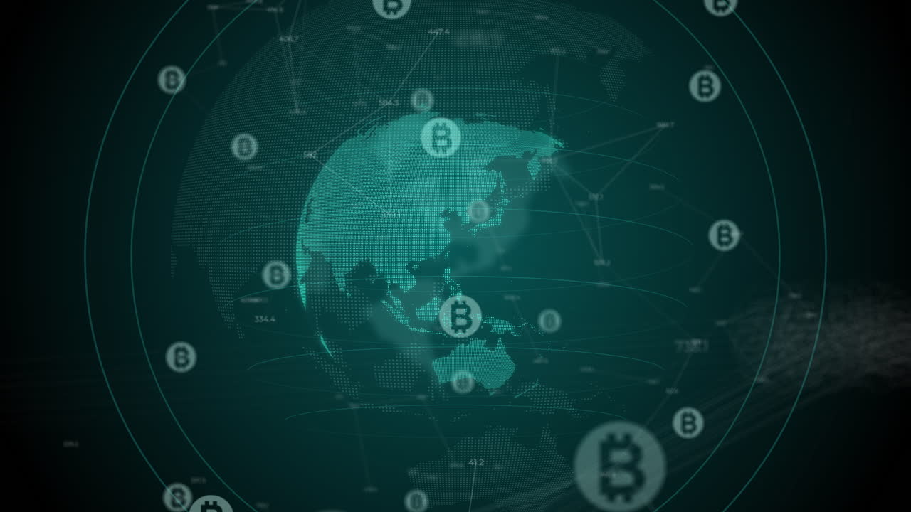Bitcoin cryptocurrency symbol. Chaotic movement of currency icons on rotating planet. Changing numbers and lines on looped green background.