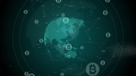 bitcoin cryptocurrency symbol. chaotic movement of currency icons on rotating planet. changing numbers and lines on looped green background.