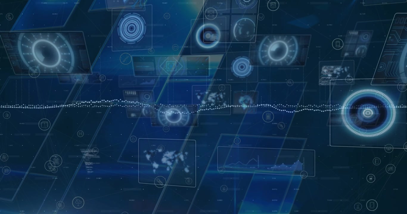 Multiple round scanners and screens with data processing against blue background