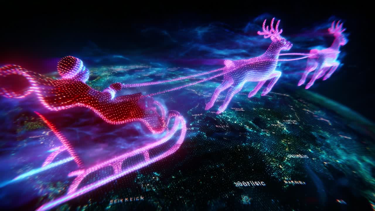 A mesmerizing illuminated display of a digital sleigh being pulled by reindeer through a vibrant, colorful night sky, showcasing an enchanting view of a cityscape below adorned with shimmering lights