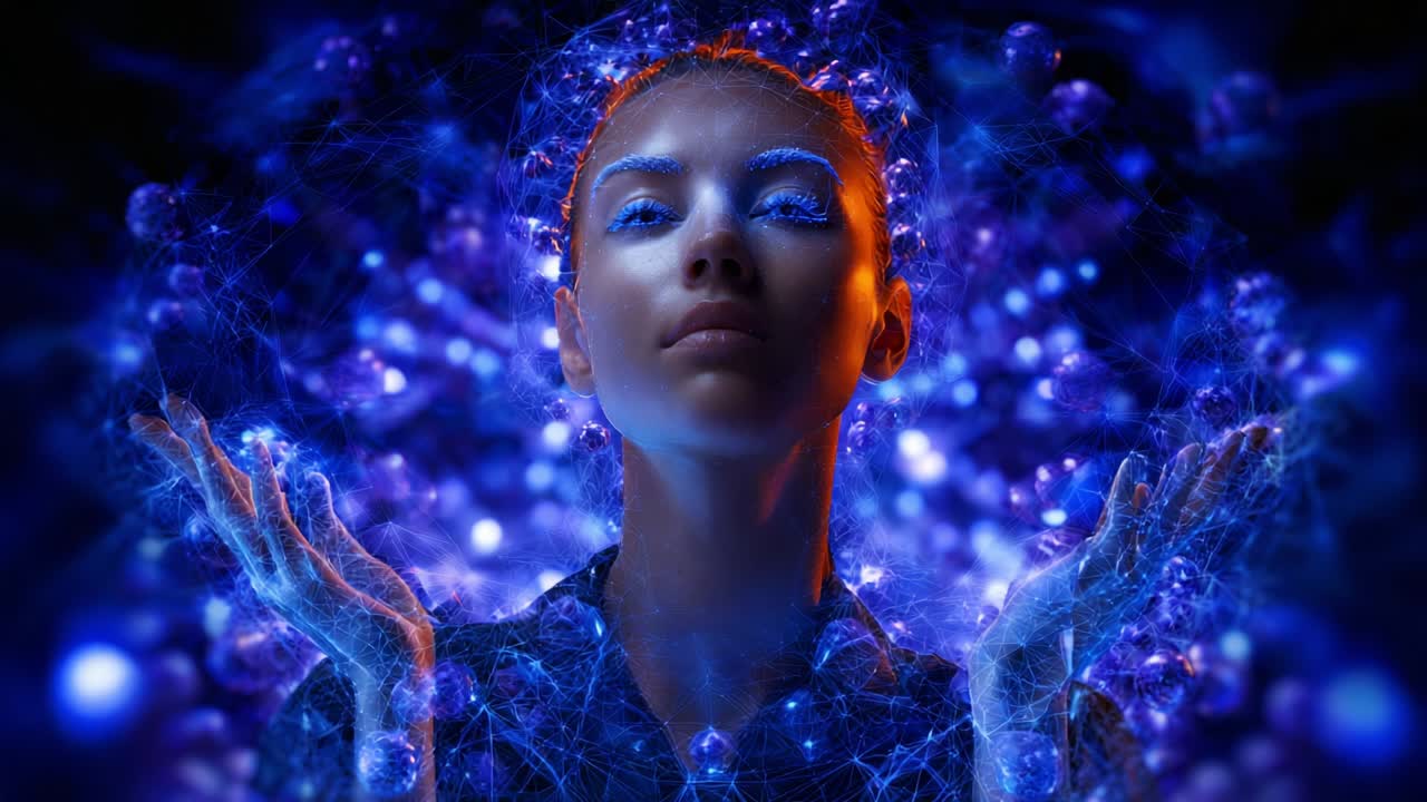 Una connessione radiosa: una giovane donna circondata da un turbinio di energia cosmica e una vivace luce blu, che abbraccia l'ignoto mentre canalizza le forze universali attraverso le sue mani tese
