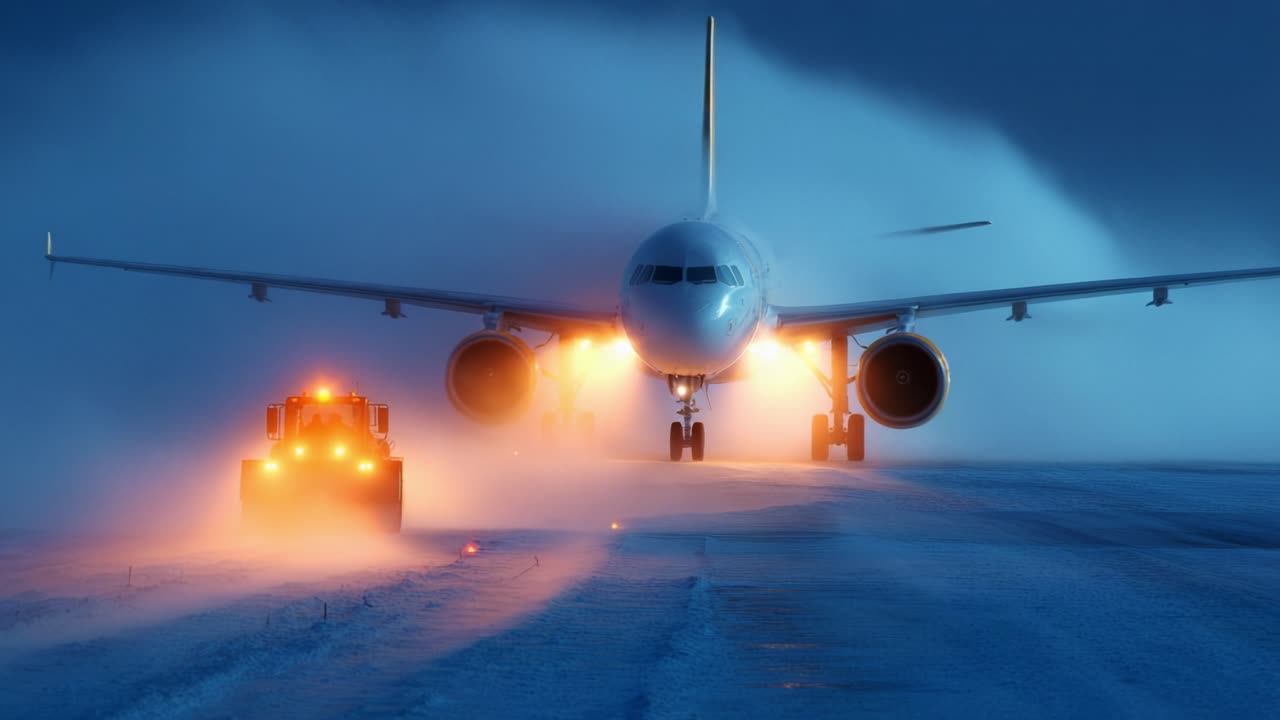 Un potente velivolo emerge da una tempesta di neve, illuminato da luci brillanti, mostrando gli intensi preparativi per un viaggio sicuro in condizioni meteorologiche invernali difficili
