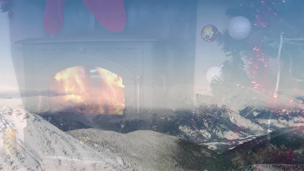 뒷면에 겨울 풍경 위에 벽난로와 크리스마스 트리의 애니메이션