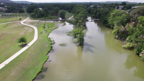 this is an aerial video flying over the guadalupe river in kerrville texas