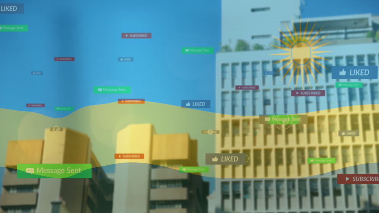 Animation of digital notifications on urban buildings with sun illustration behind
