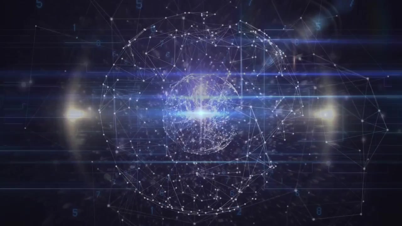 Nodi fluttuanti che formano una rete su una sfera rotante, con un raggio pulsante che mostra le connessioni dati