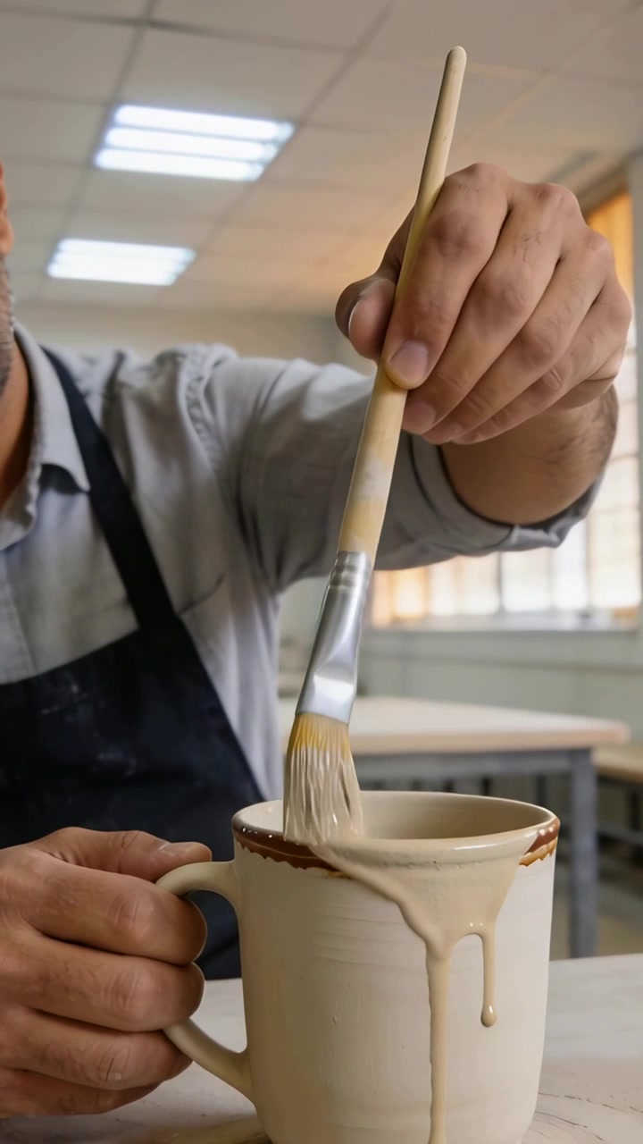 Vertical video: Dipping potter in apron holding mug, brushing rim making drip while glazing in shop