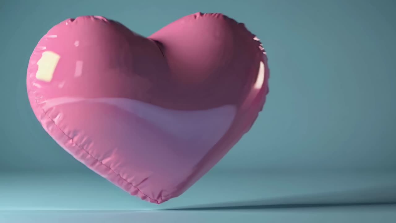 A close-up, side-angle shot of a pink, heart-shaped balloon gently floating against a soft blue