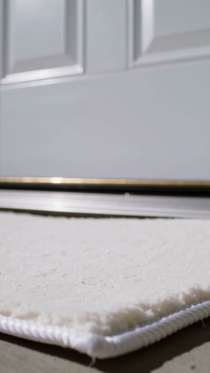 Camera shifting, floor mat tilting, narrow gap under door revealing brass strip for home design