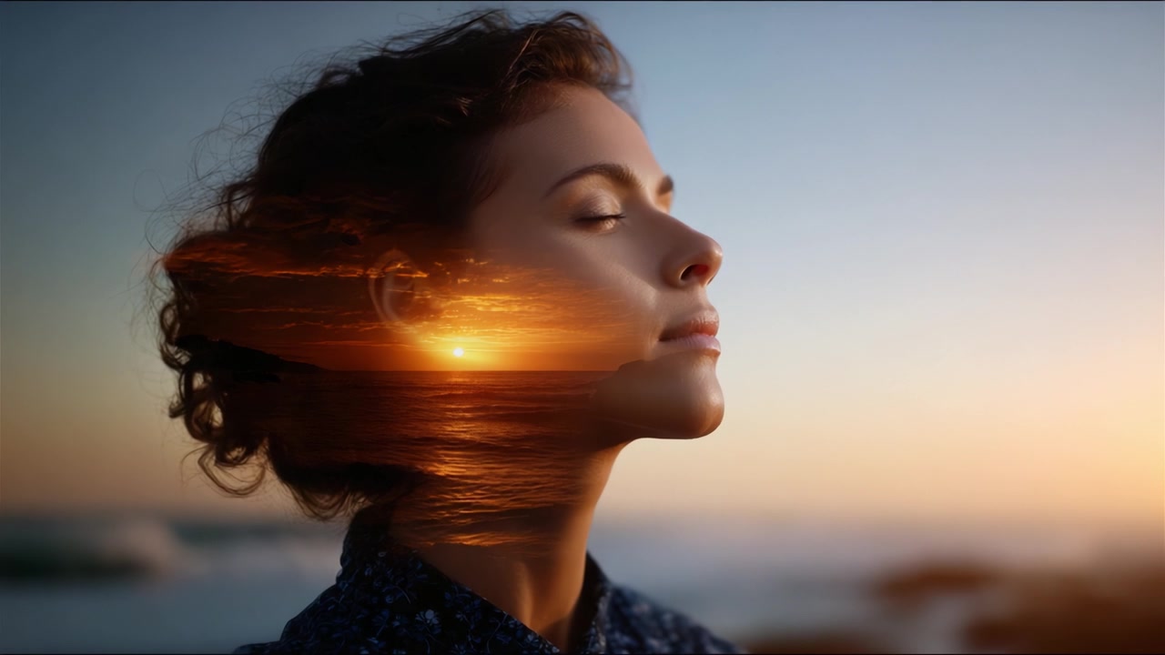 Un reflejo sereno al atardecer: Un retrato de tranquilidad con olas del océano fusionándose con el perfil de una mujer, capturando la esencia de la paz interior y la belleza natural
