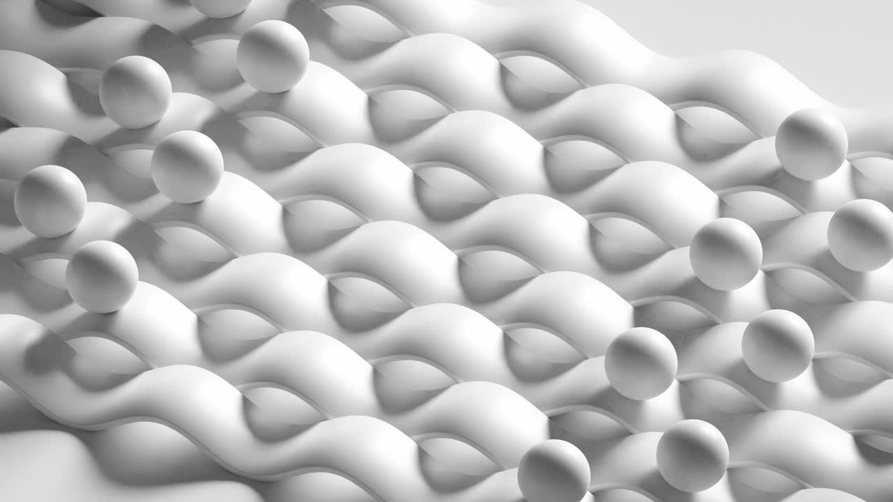 una animación de renderización 3d en bucle de bolas blancas que se deslizan sobre una superficie 3d de cojín blanco