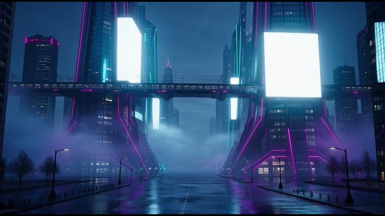 Strada futuristica di notte con grattacieli al neon luminosi