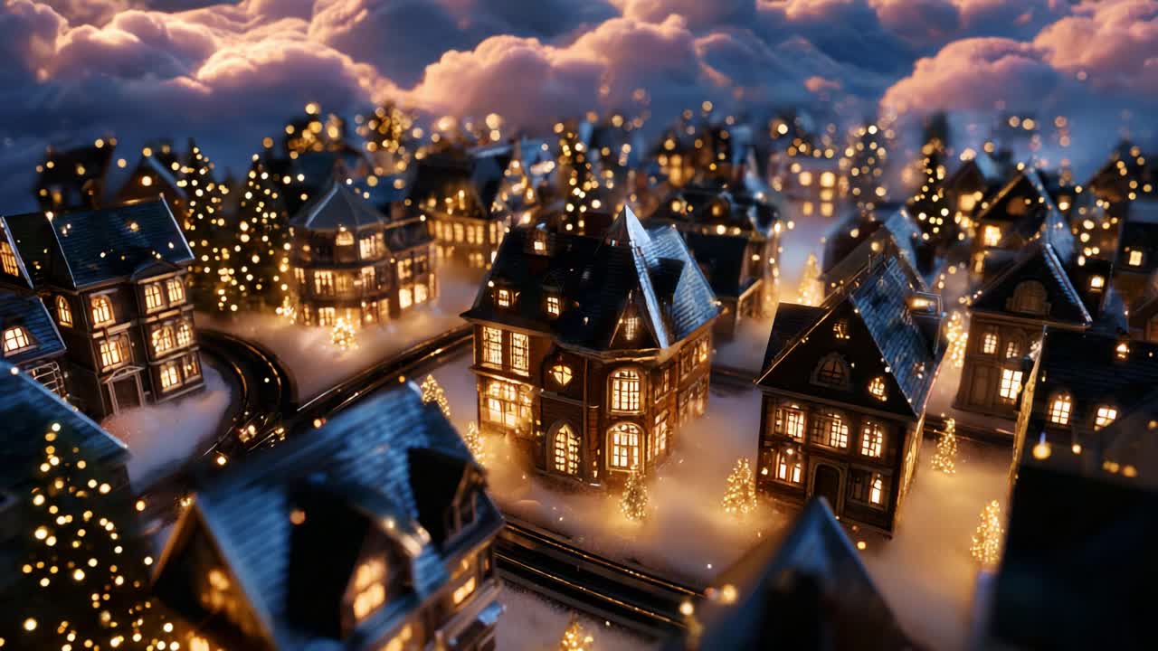 A Captivating Nighttime Scene of an Enchanted Winter Village: Glowing Homes Surrounded by Twinkling Lights and Lush Evergreen Trees under a Starry Sky, Perfectly Capturing the Essence of Holiday Cheer