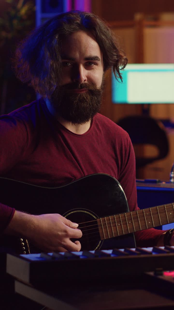 Skægget musiker spiller akustisk guitar i et neonbelyst studie