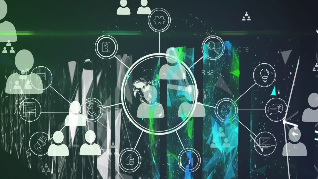 어두운 배경에 데이터 처리에 대한 아이콘과 연결 네트워크의 애니메이션