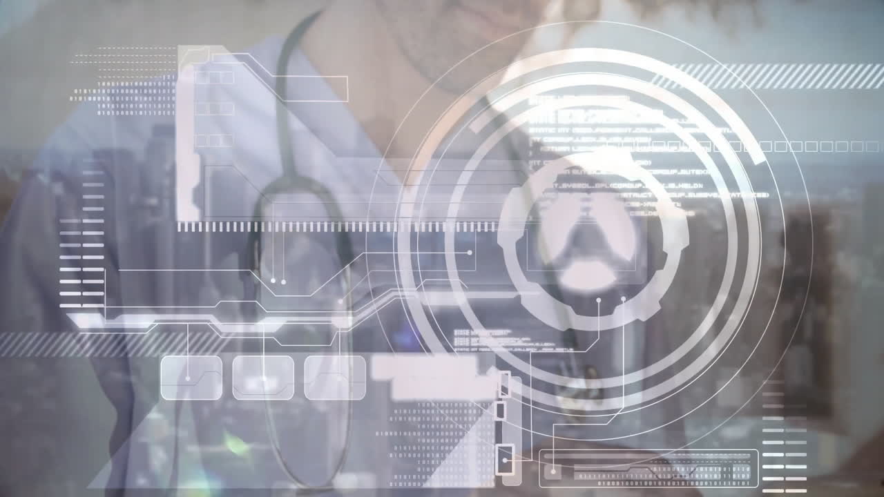doctor reviewing health data through floating stethoscope graphics and HUD panels over city skyline