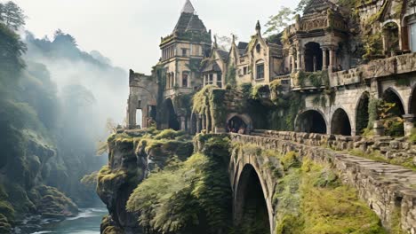 majestic medieval castle ruins beside a winding river in a misty landscape