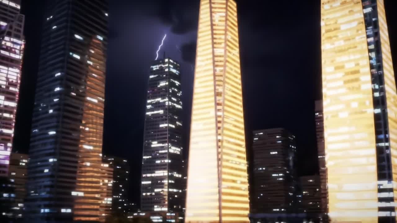 A Captivating Nighttime Cityscape with Modern Skyscrapers Illuminated by Neon Lights and Dramatic Lightning, Capturing the Essence of Urban Life and Nature's Power