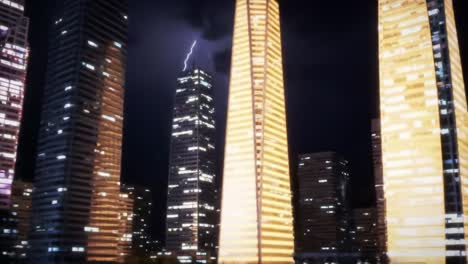 a captivating nighttime cityscape with modern skyscrapers illuminated by neon lights and dramatic lightning, capturing the essence of urban life and nature's power