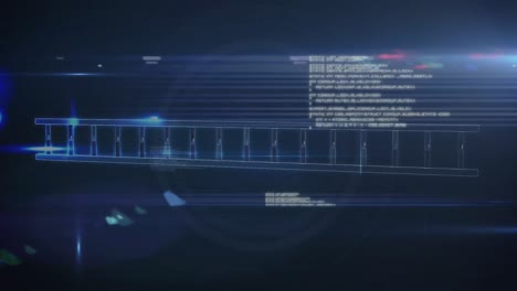 animación del hilado de la cadena de adn y procesamiento de datos de escaneo de alcance en un fondo azul brillante