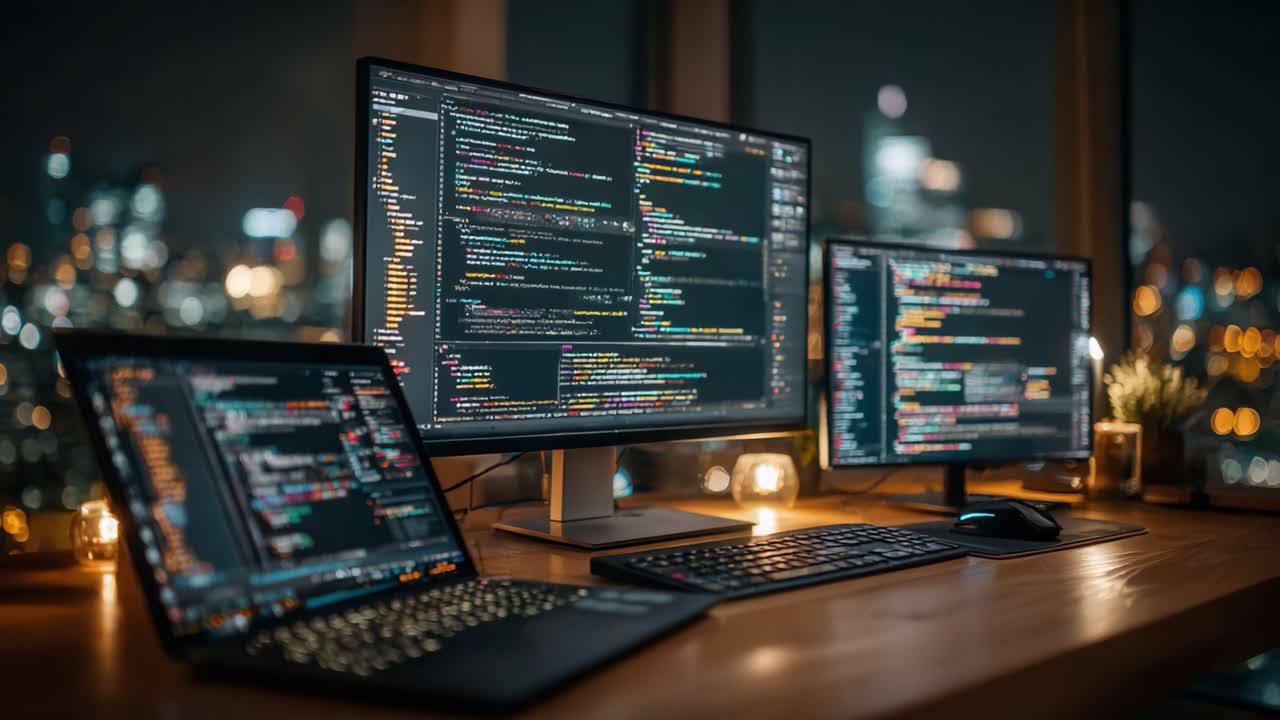 A Captivating Environment Showcasing Dual Monitors and a Laptop Displaying Complex Coding at Night, Surrounded by the City Lights and Modern Workspace Aesthetics