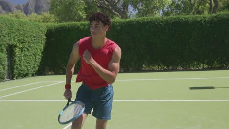 focused biracial man playing tennis in garden on sunny day