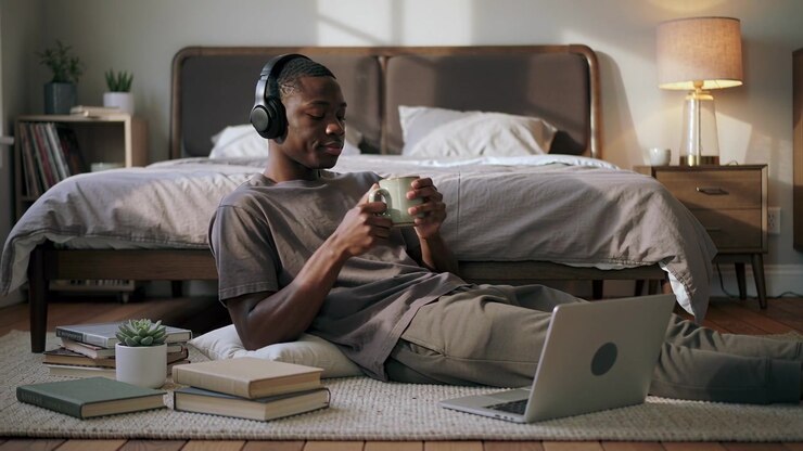 Glancing at laptop, man wearing headset, holding ceramic mug, smelling and sipping in bedroom