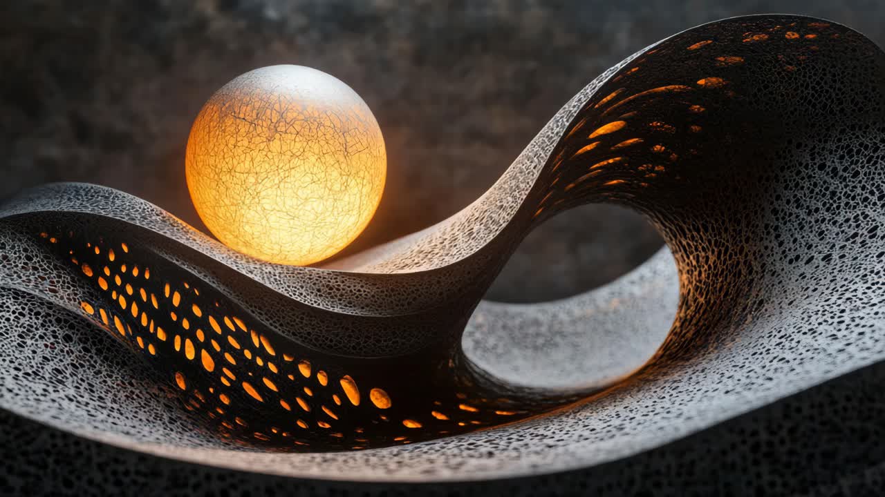 Abstract Wave Sculpture with Illuminated Sphere