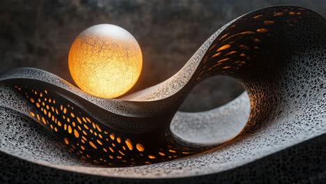 abstract wave sculpture with illuminated sphere