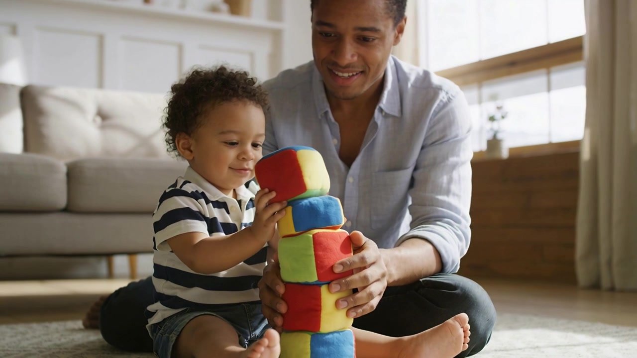 Reaching toddler placing soft block on tower while father steadying stack on rug, building tower
