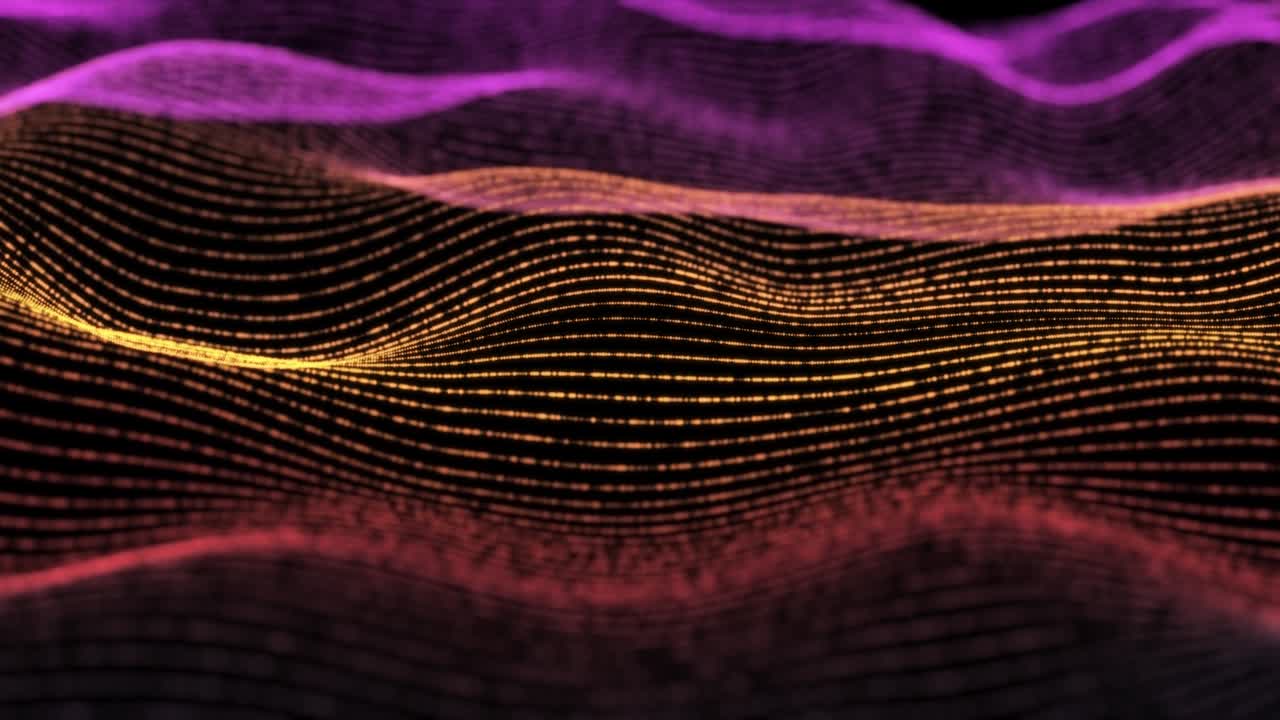 4K, Abstract Futuristic Digital Blue Wave Particles Background.Seamless Loop. Technology digital wave background concept.Beautiful motion waving dots texture with glowing defocused particles. Cyber or technology background. Soft Red Color
