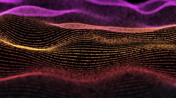 4K, Abstract Futuristic Digital Blue Wave Particles Background.Seamless Loop. Technology digital wave background concept.Beautiful motion waving dots texture with glowing defocused particles. Cyber or technology background. Soft Red Color