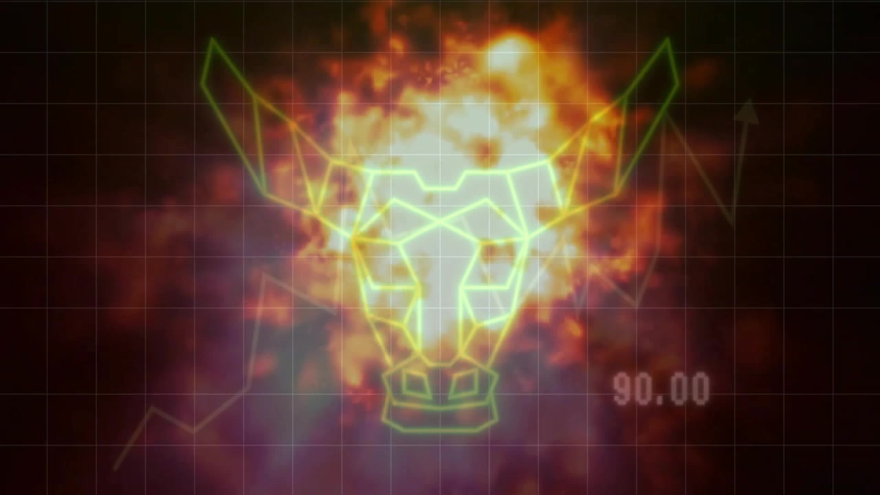 Mostrando una estructura alámbrica de cabeza de toro renderizada en 3D en verde neón sobre una cuadrícula con tendencia a la baja y flecha ascendente