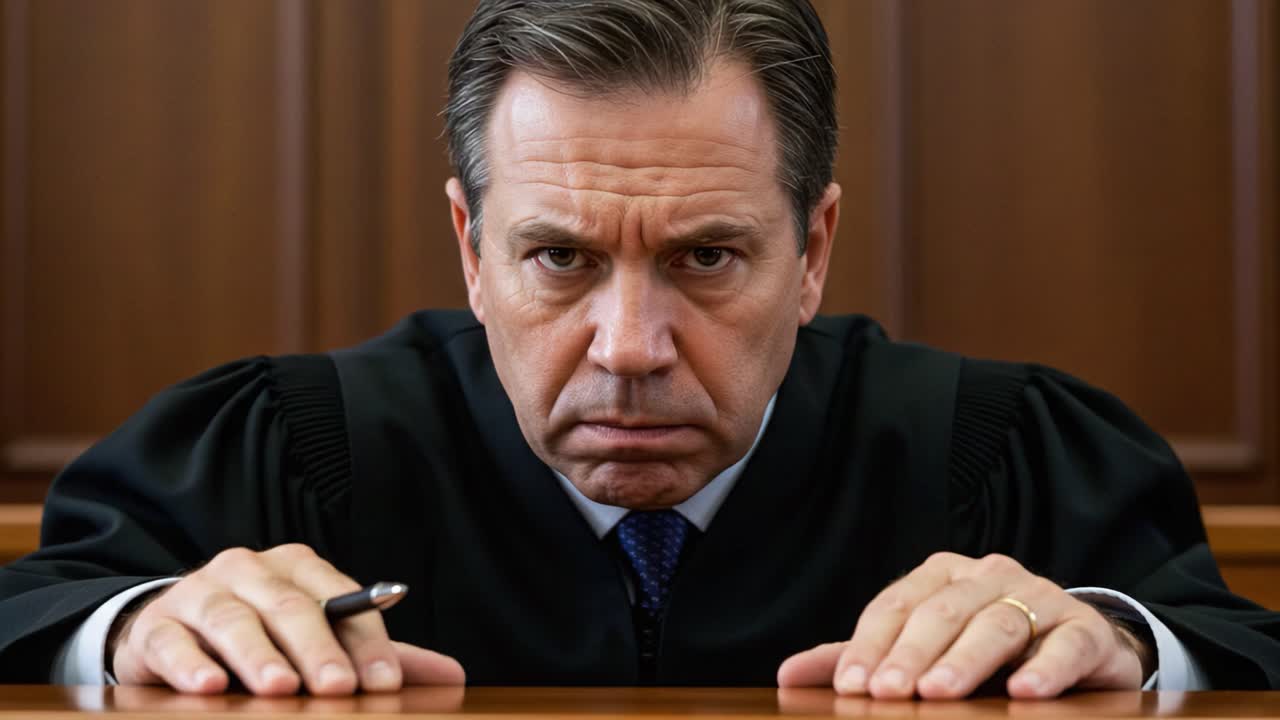 A Stern Judge Portrayed in a Tense Courtroom Setting, Capturing the Intensity and Authority Needed for Delivering Justice in a High-Stakes Legal Scenario