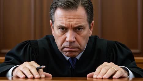a stern judge portrayed in a tense courtroom setting, capturing the intensity and authority needed for delivering justice in a high-stakes legal scenario