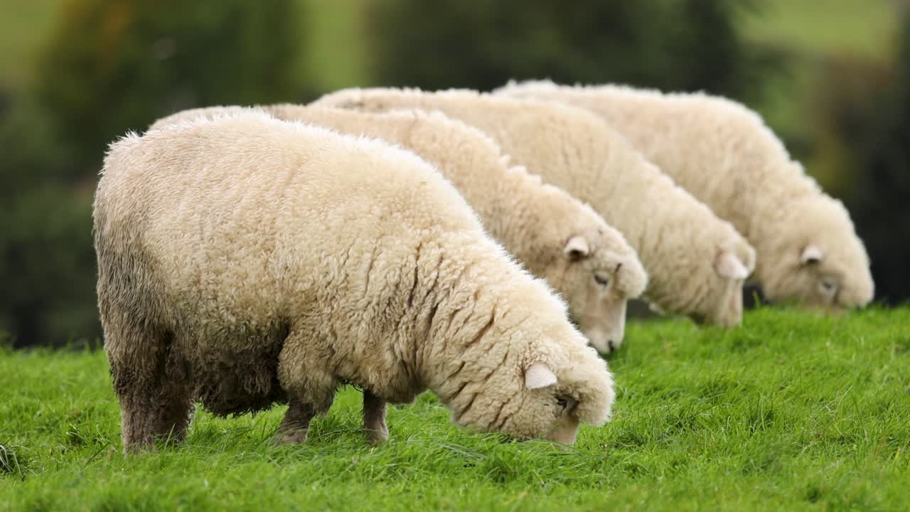 Several sheep graze calmly on vibrant grass in a rural Queenstown field. Soft natural daylight, shallow depth of field, and steady camera create a peaceful rural mood