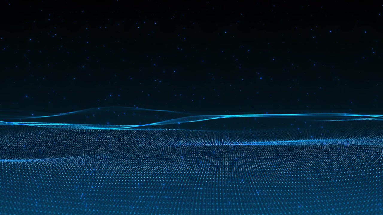 Futuristisk blå mesh-bølge-visual med små lyspunkter, flydende dataoverflade og fjern horisont