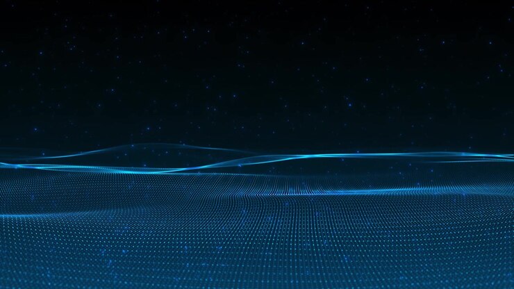Immagine di un'onda a rete blu futuristica con piccoli punti luminosi, superficie di dati fluida, orizzonte lontano e