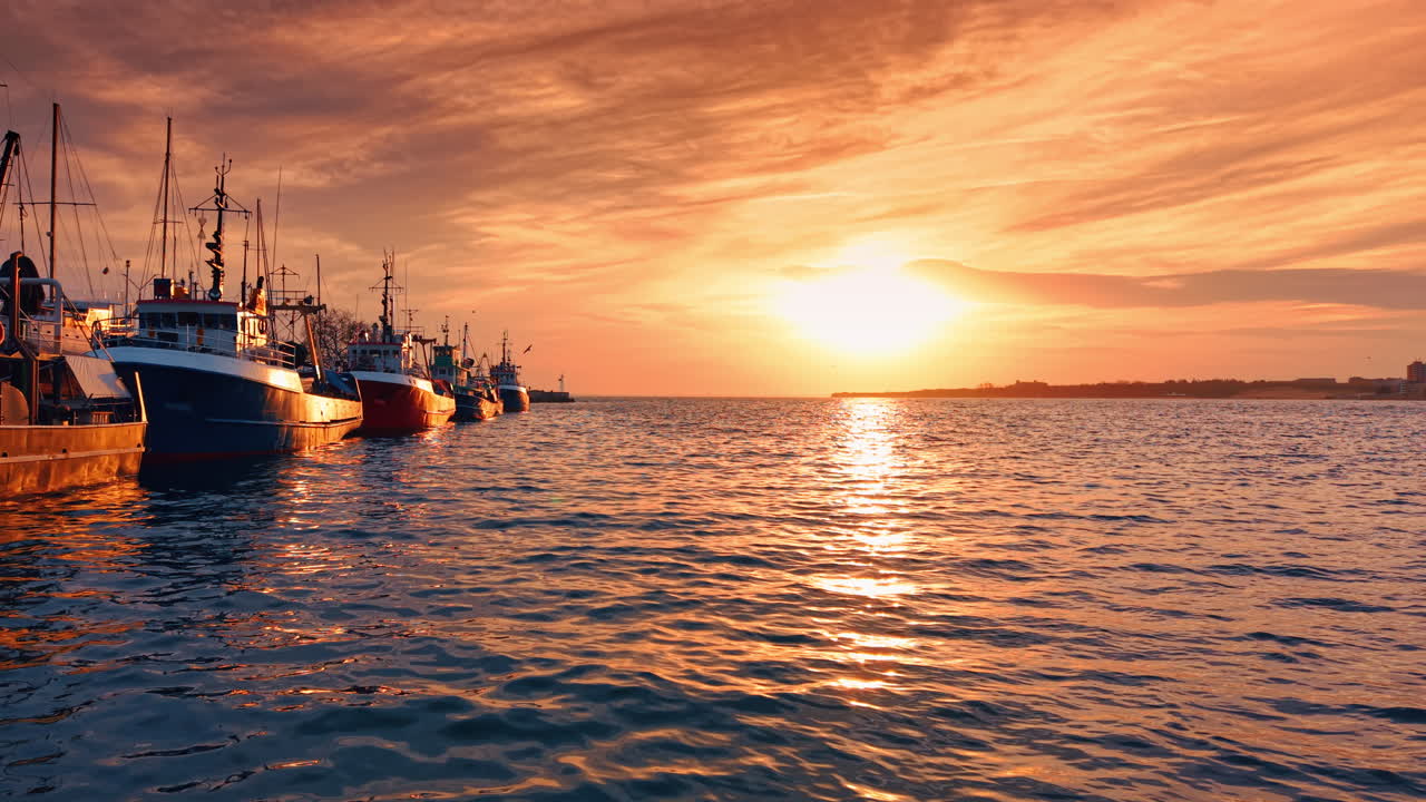 Quick flight low over the rugged waterscape colored with the golden light of sunset. Low angle view at the row of fishermen's boats standing at the quay
